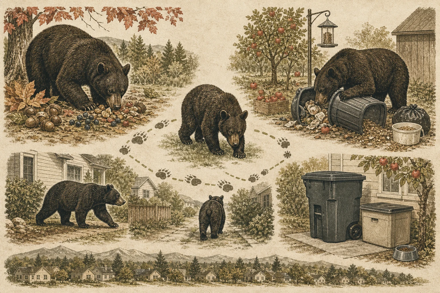 Text-free illustrated decision path for “Why bears wander into towns”; the article points are listed below.