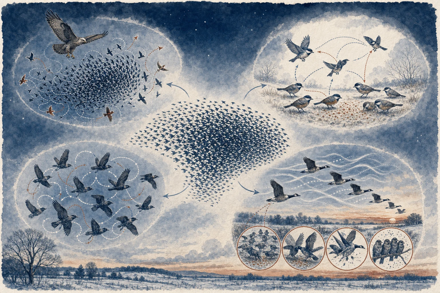 Text-free illustrated cause map for “Why birds form flocks”; the article points are listed below.