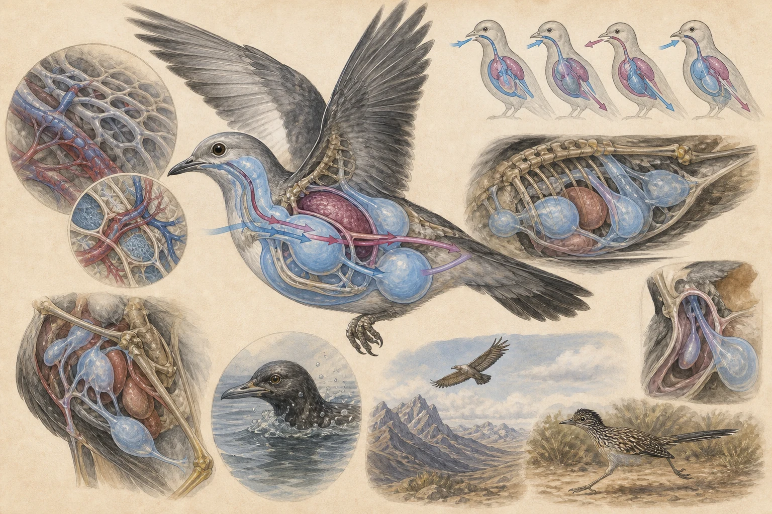 Text-free illustrated concept map for “Why birds have air sacs”; the article points are listed below.