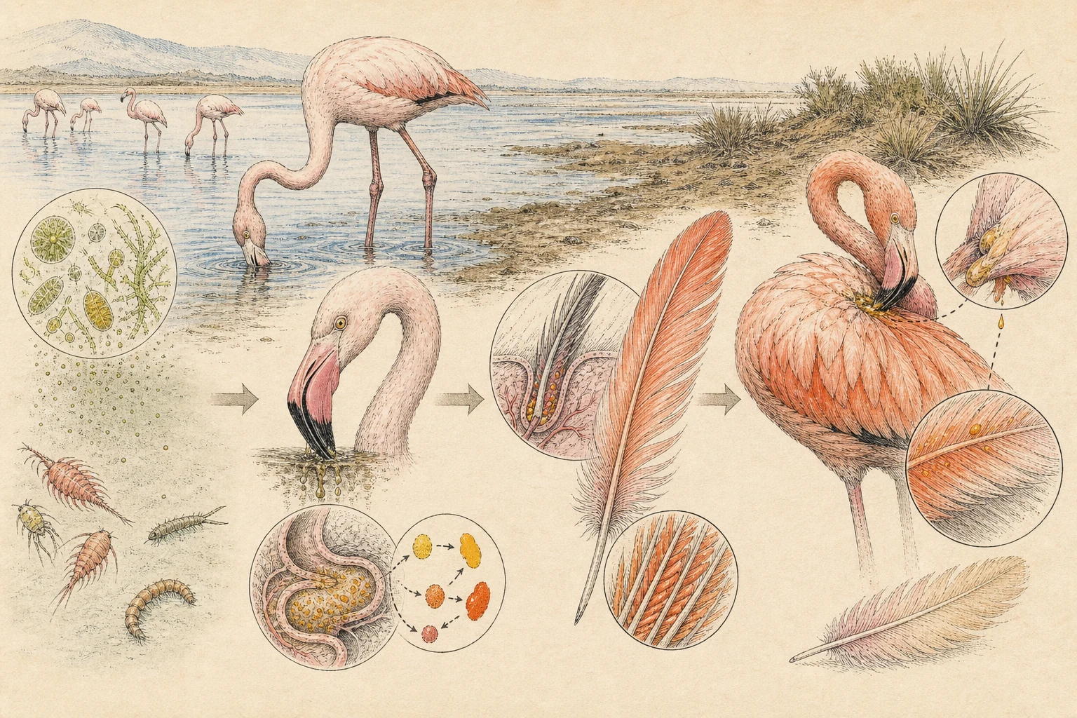 Text-free illustrated mechanism panels for “Why flamingos are pink”; the article points are listed below.