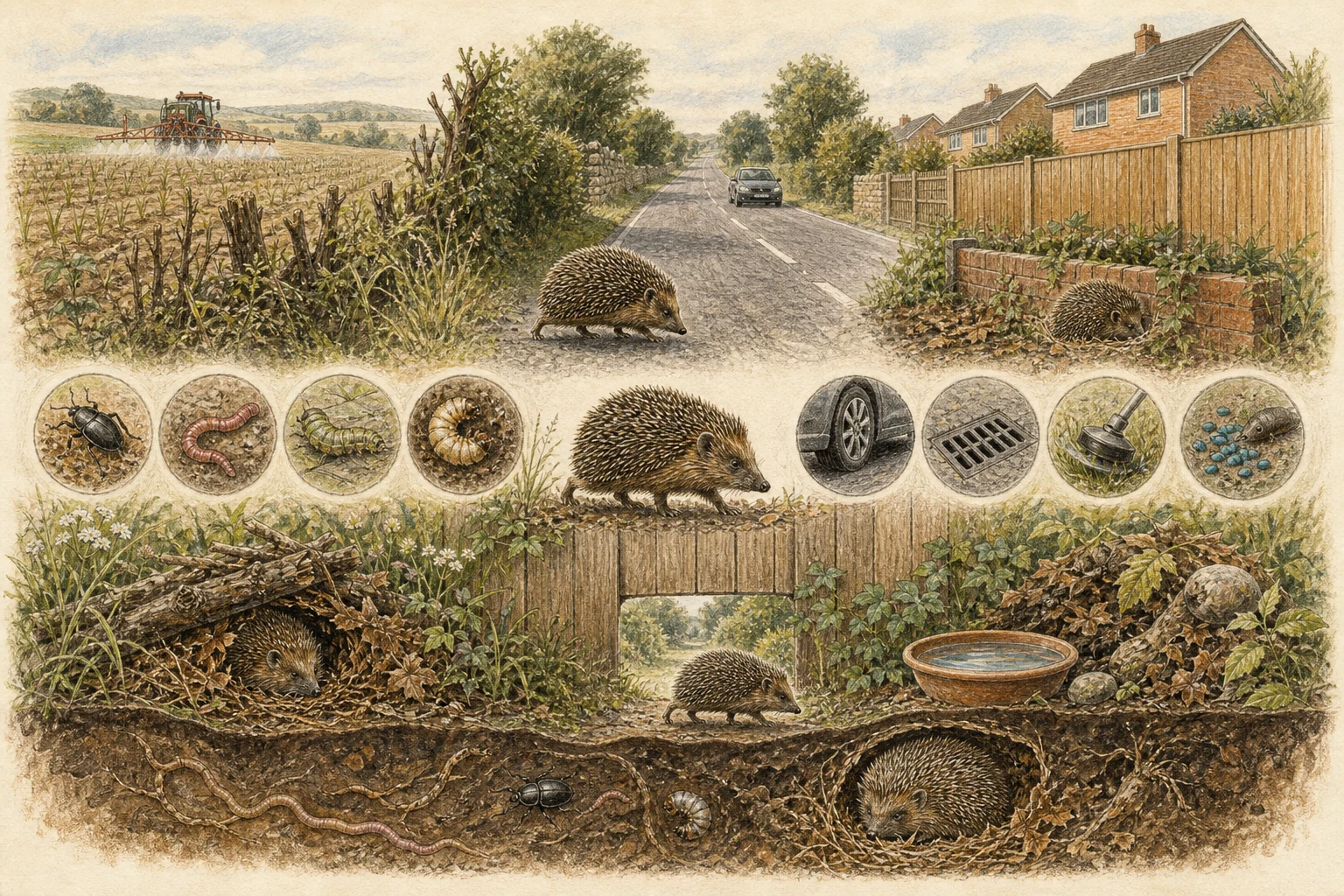 Text-free illustrated habitat transect for “Why hedgehogs are declining”; the article points are listed below.