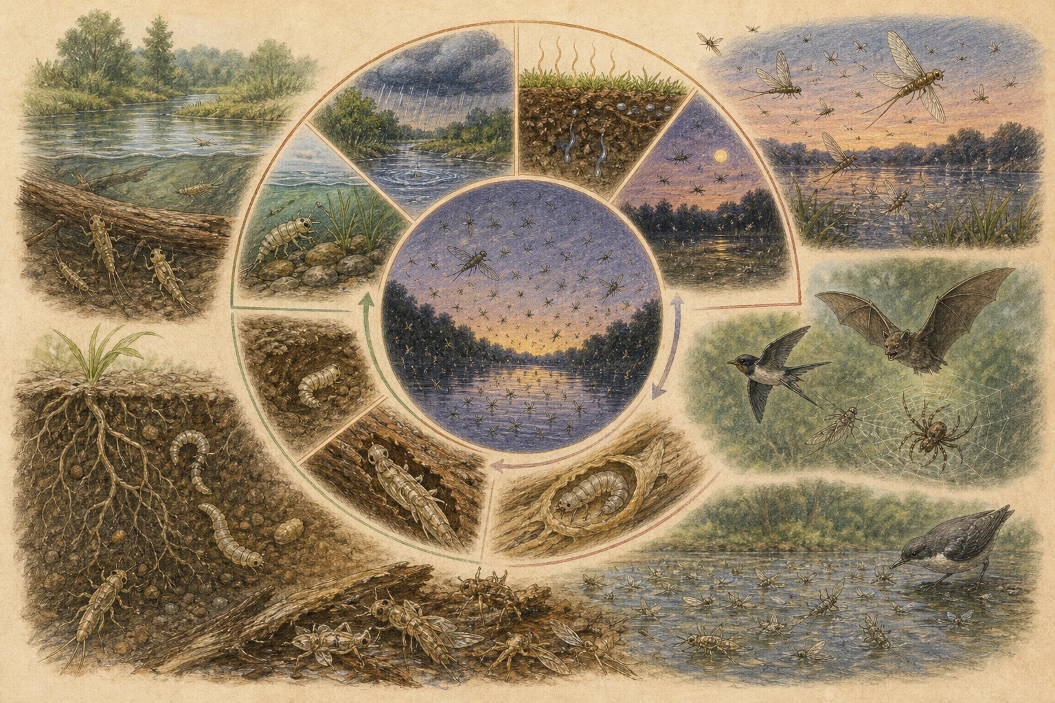 Text-free illustrated seasonal wheel for “Why insects emerge all at once”; the article points are listed below.