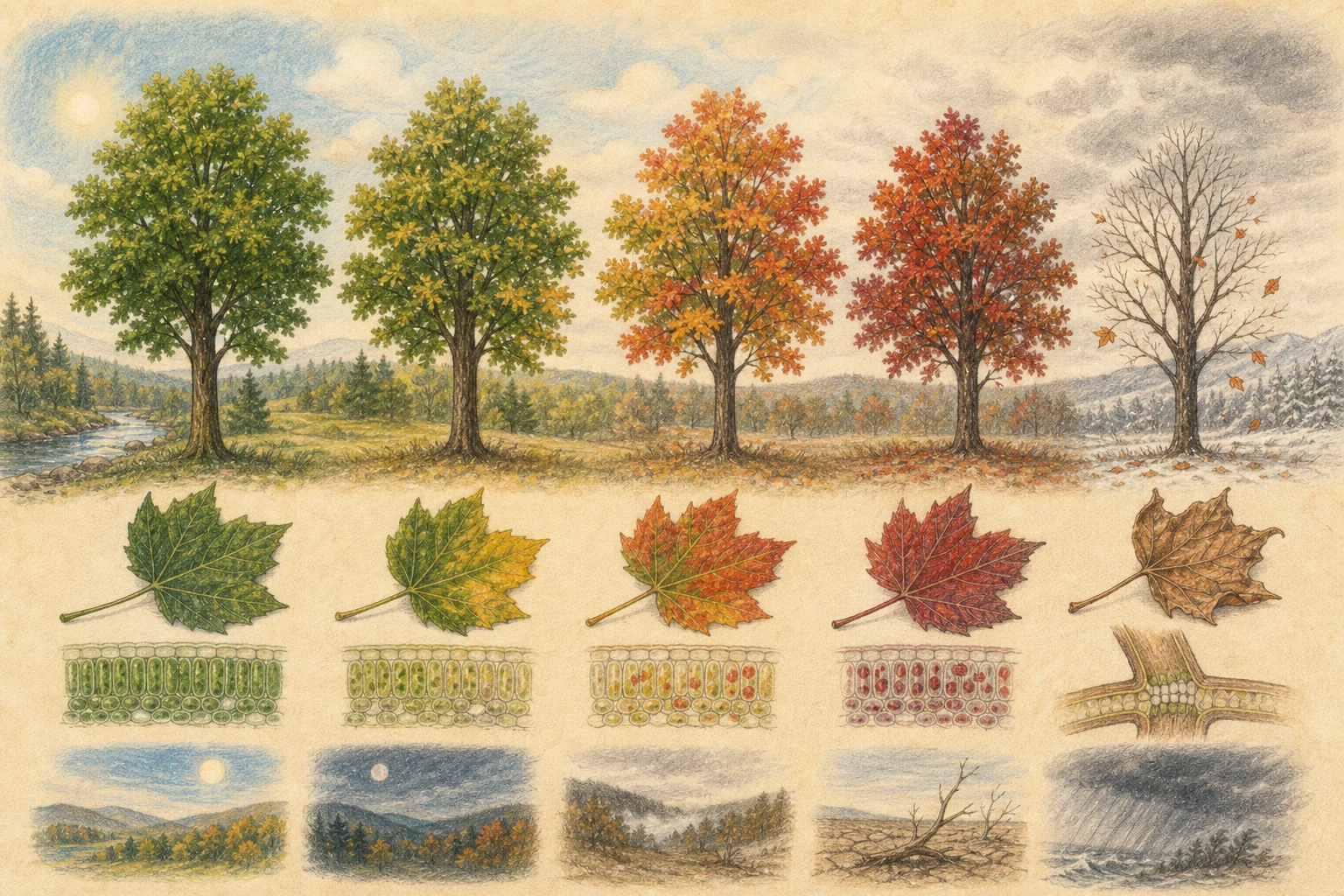 Text-free illustrated seasonal wheel for “Why leaves change color”; the article points are listed below.