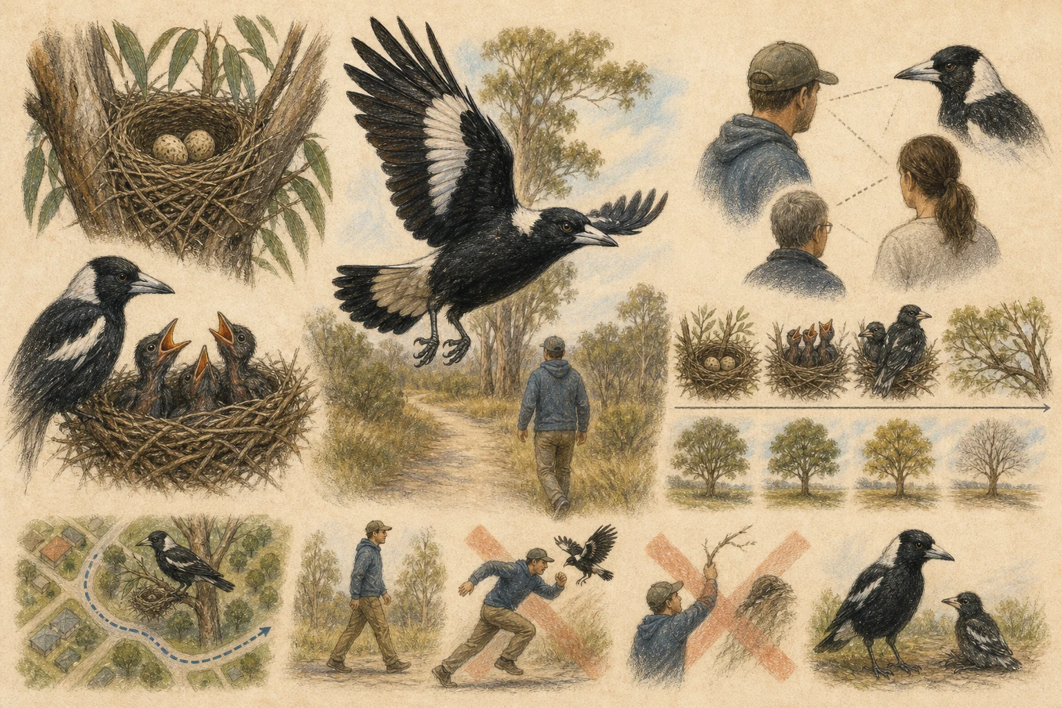 Text-free illustrated decision path for “Why magpies swoop in spring”; the article points are listed below.
