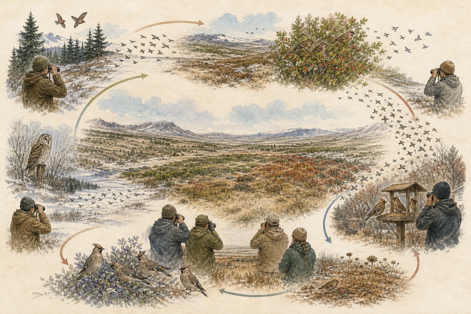 Text-free illustrated seasonal wheel for “Wildlife irruptions and nomadic movements”; the article points are listed below.