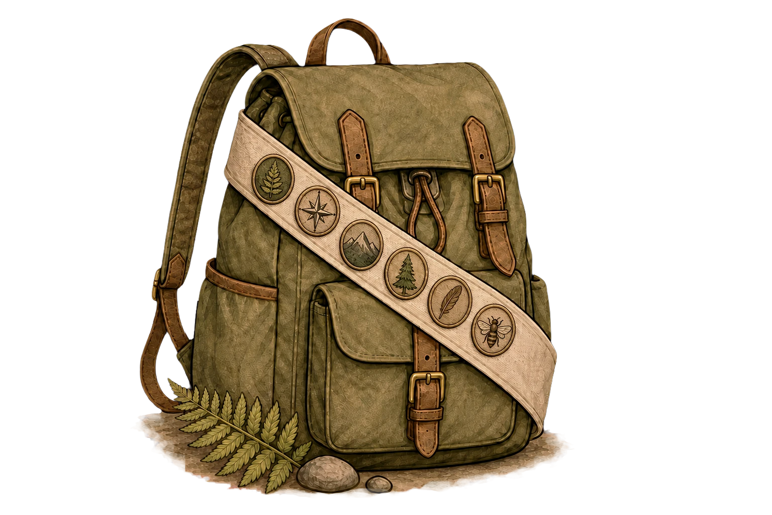 Illustrated naturalist scout backpack with six patches on its canvas sash, resting on a dirt patch