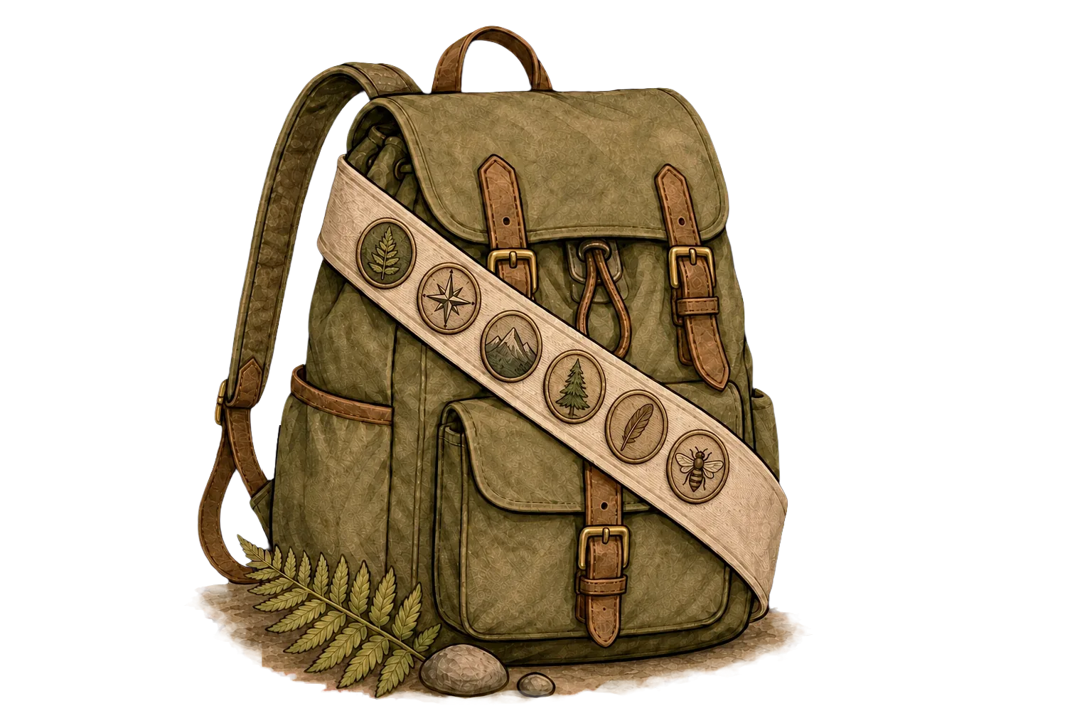 Illustrated naturalist scout backpack with six patches on its canvas sash, resting on a dirt patch