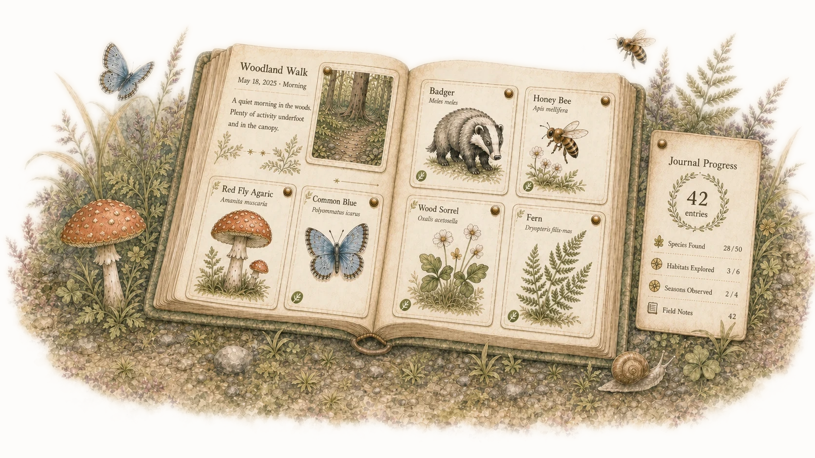 Open illustrated field journal with a badger, honey bee, butterfly, mushroom, wood sorrel, and fern, surrounded by woodland plants and a Journal Progress card