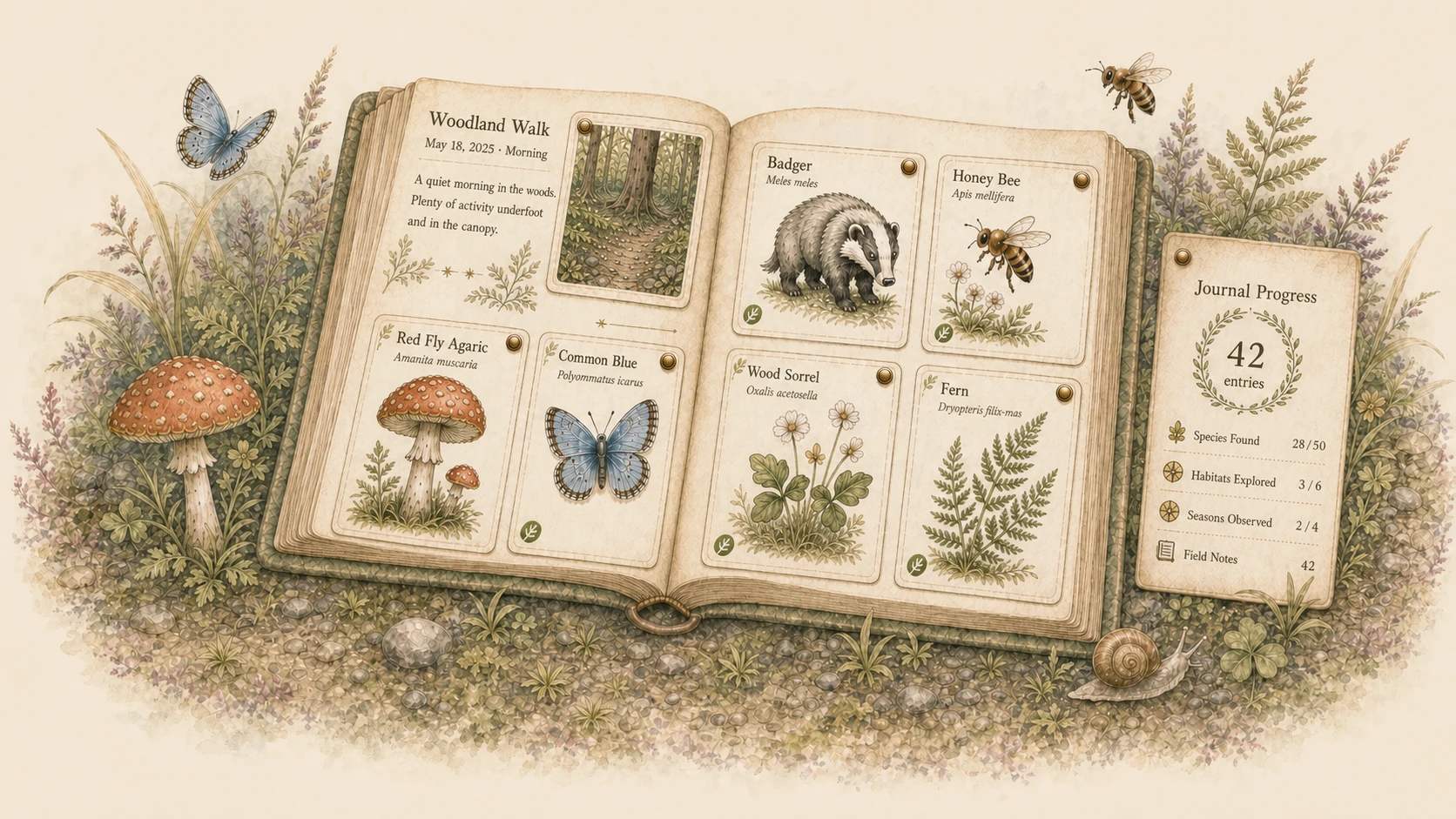 Labeled watercolor field journal with pinned wildlife discoveries and a Journal Progress card