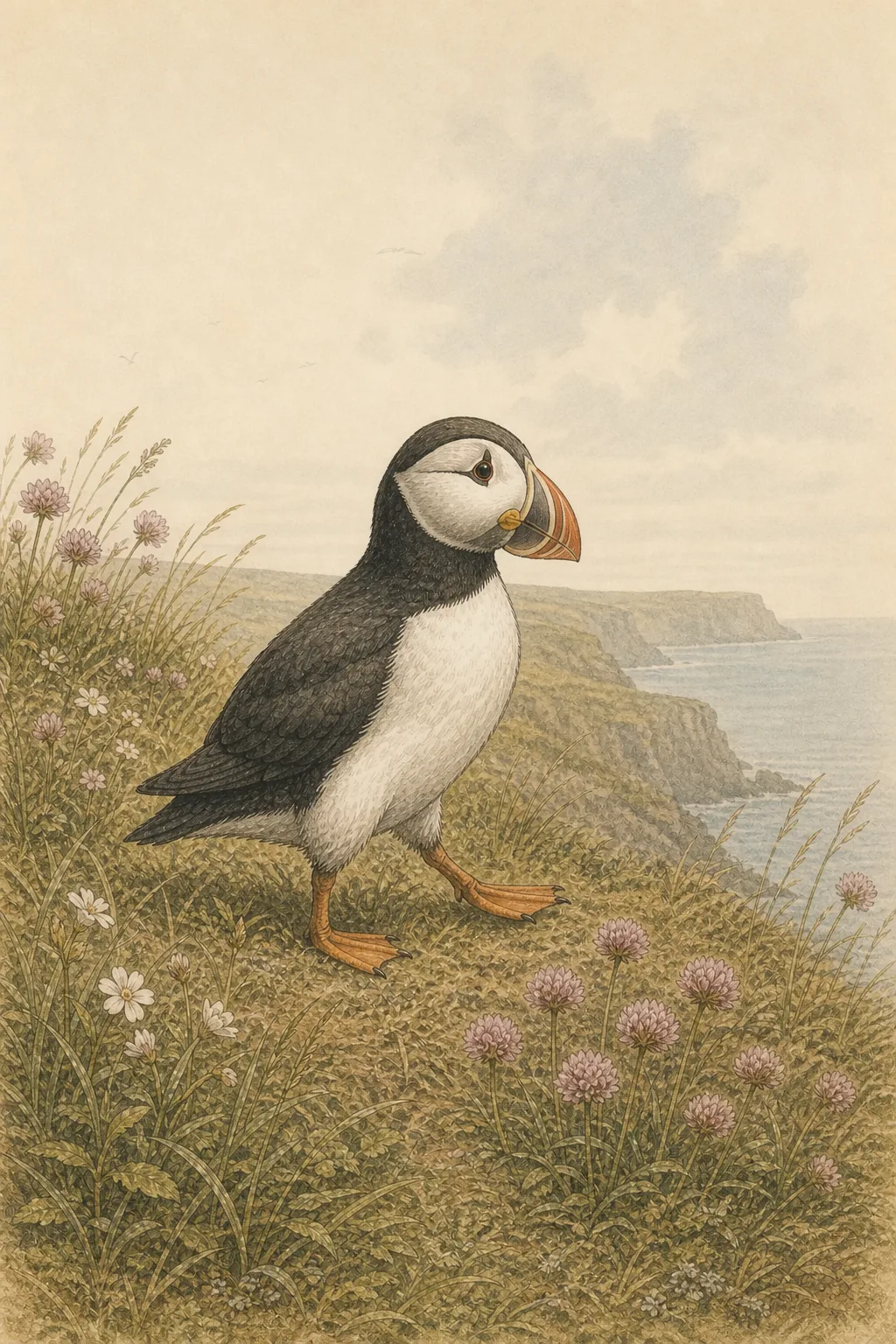 Illustrated puffin among coastal flowers