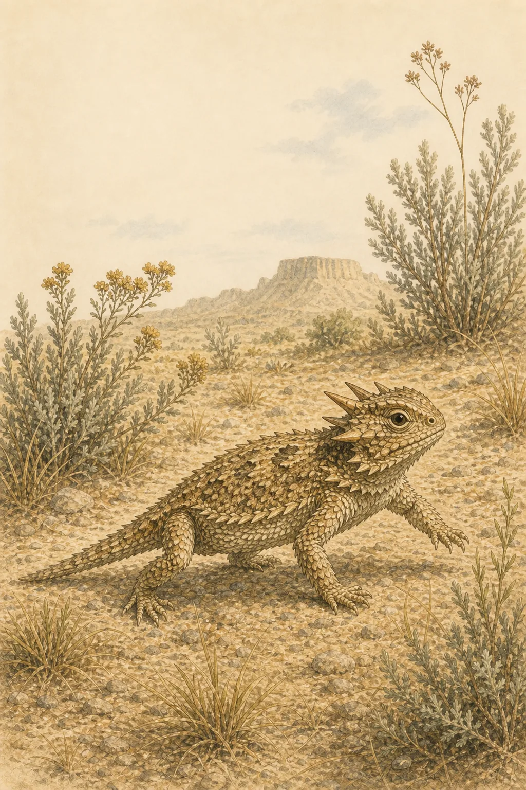 Illustrated horned lizard crossing desert sand