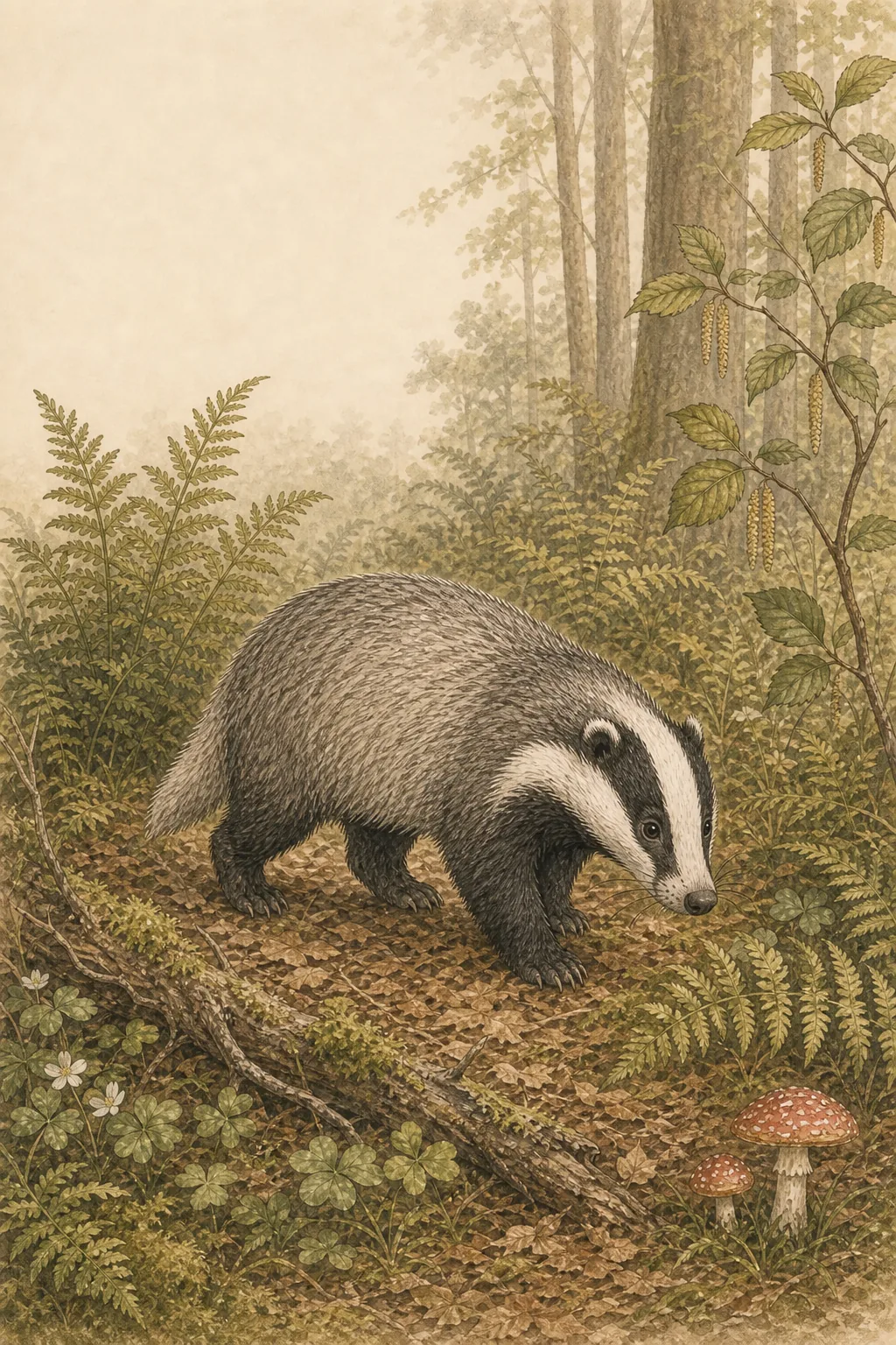 Illustrated badger walking through a fern forest