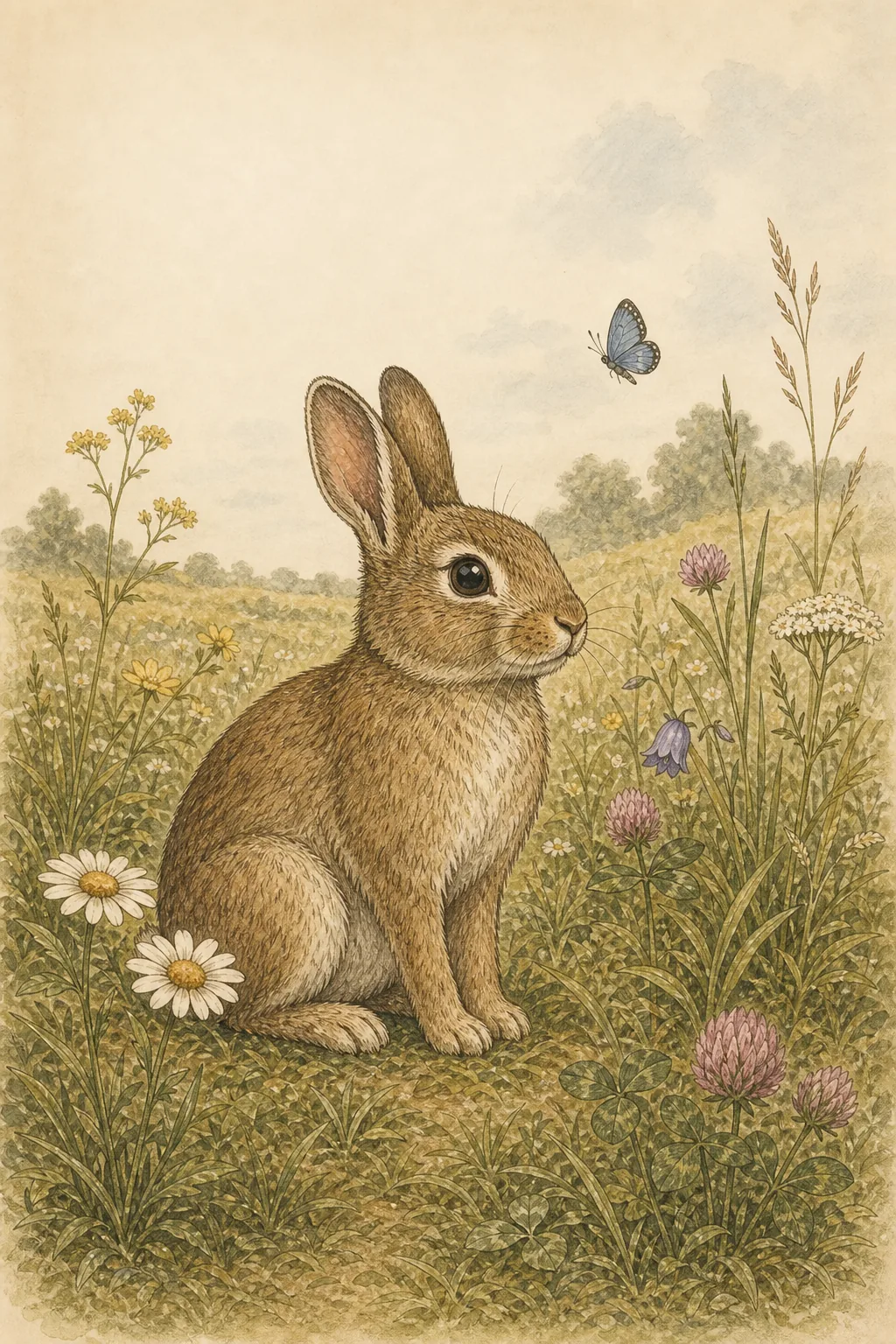 Illustrated rabbit in a wildflower meadow