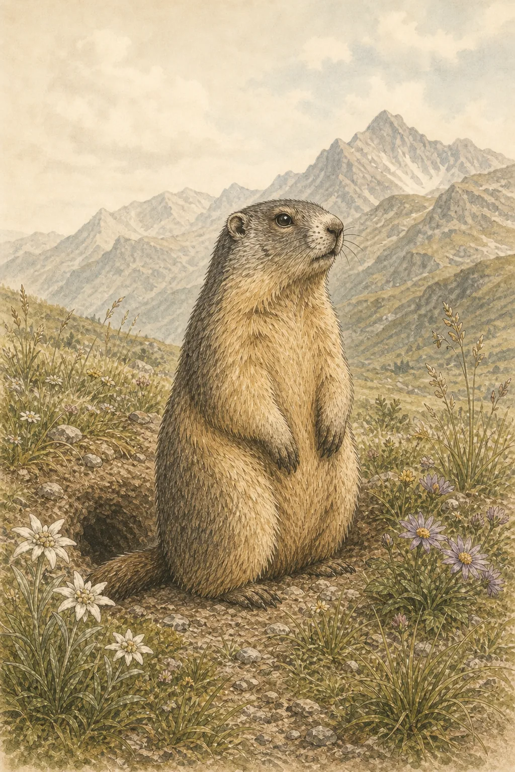 Illustrated marmot in an alpine meadow