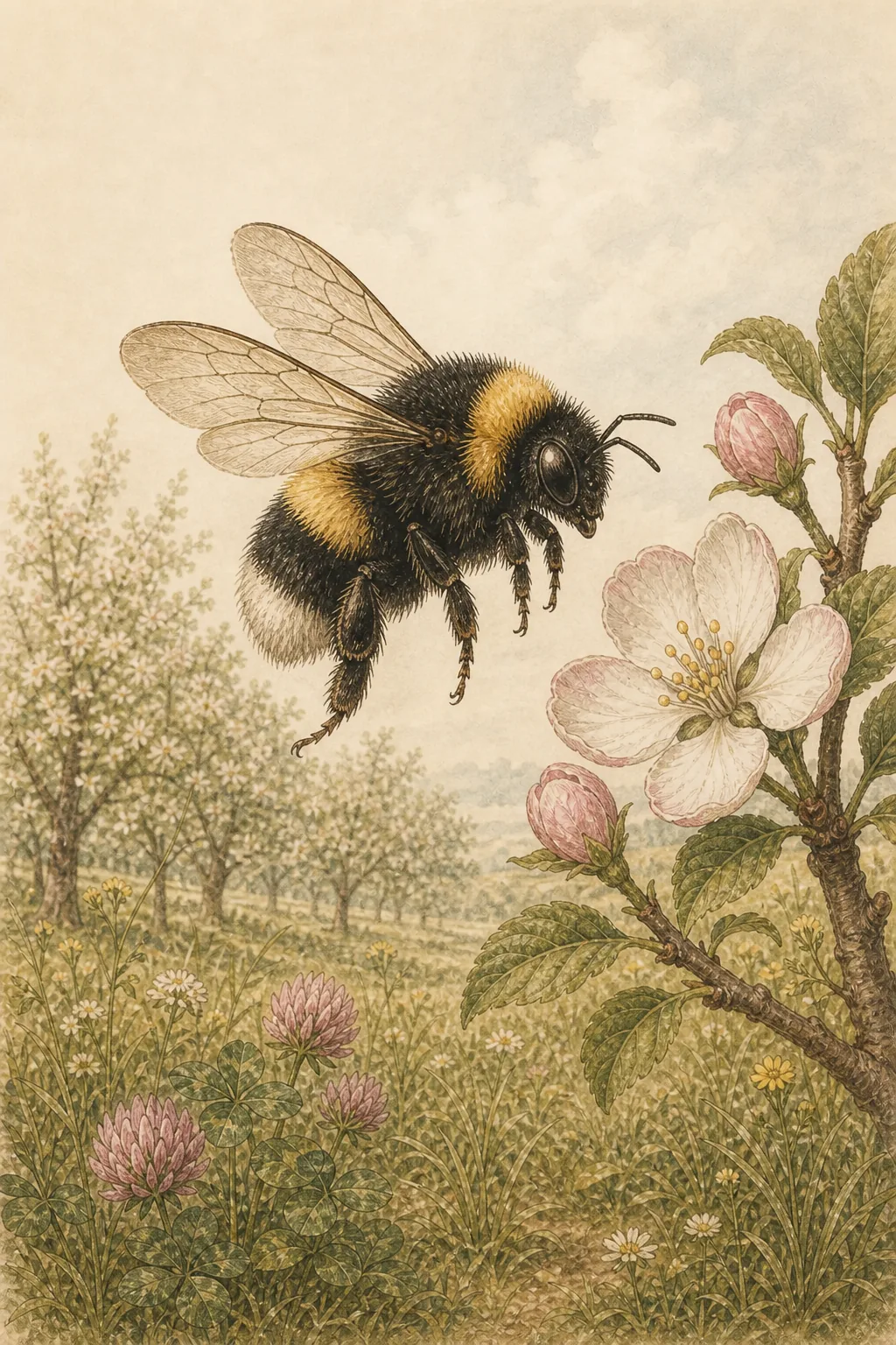 Illustrated bumblebee hovering beside apple blossoms
