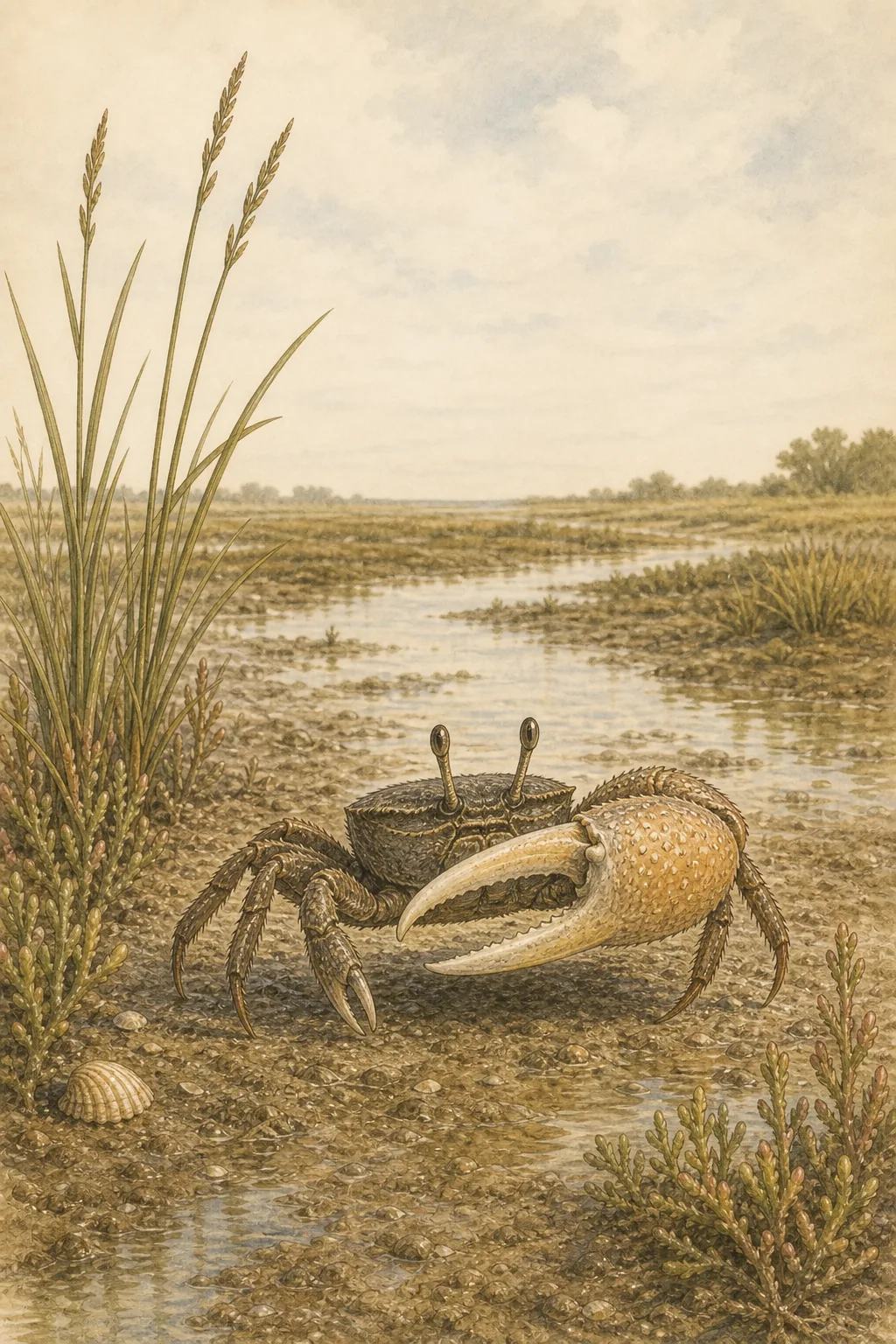 Illustrated fiddler crab crossing a coastal salt marsh