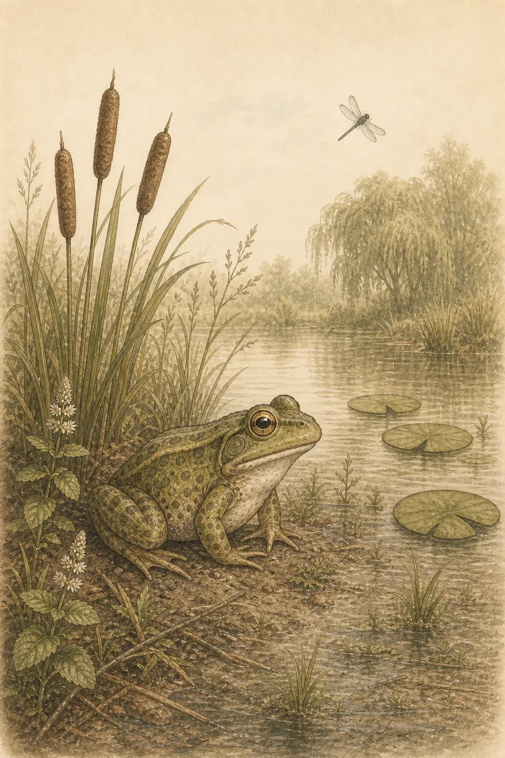 Illustrated frog beside reeds and lily pads in a wetland