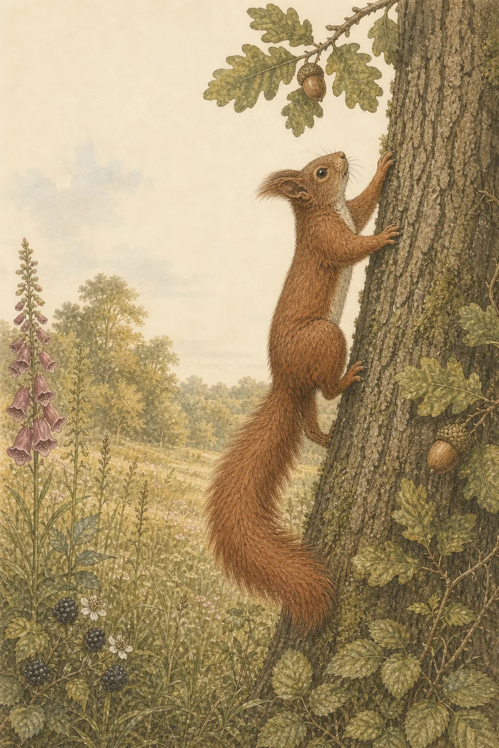 Illustrated red squirrel climbing an oak at a woodland edge