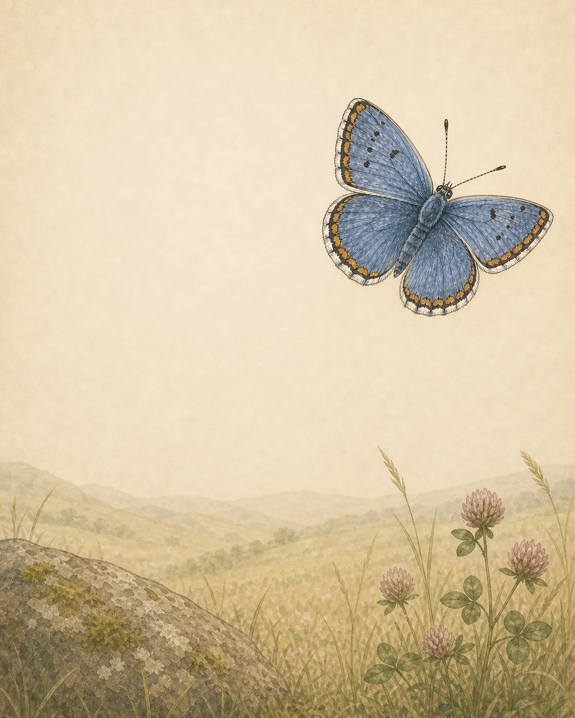 Detailed Common Blue butterfly above a stone, clover, and grasses in an open meadow
