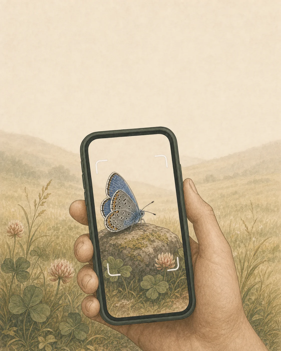 Hand holding a phone and scanning a Common Blue butterfly in a meadow