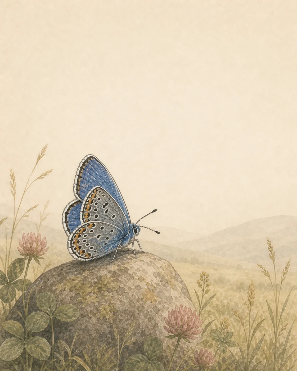 Common Blue butterfly resting on a stone among clover in an open meadow